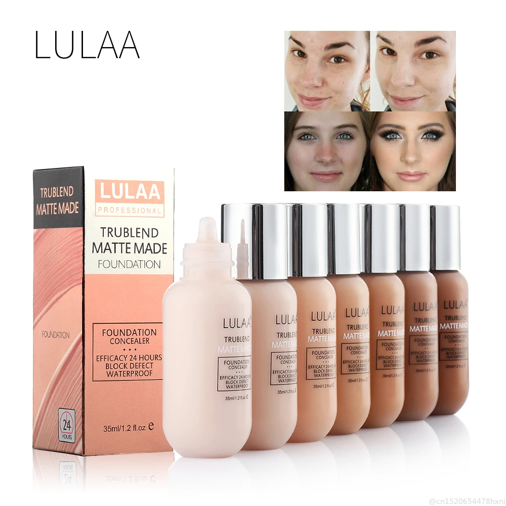 

LULAA 35ml Soft Matte Liquid Concealer Foundation Long Wear Oil Control Cream Base Foundation Makeup 2pcs Sponge Puff TSLM1