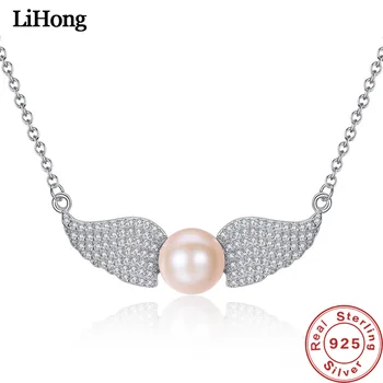 

Angel Wings Sterling Silver Clavicle Chain 9-9.5mm Natural Freshwater Pearl Pendant Necklace Women Jewelry