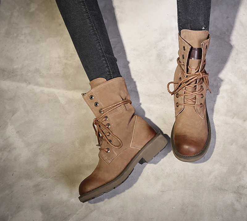 Brown Fold Over Combat Boots Women