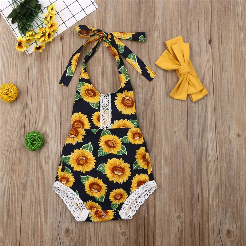 

Baby Girls Sunflower Sets Fashion Summer Sleeveless Floral Bodysuit Halter Belt Backless Jumpsuit Headband 2Pcs Baby Sets 0-18M