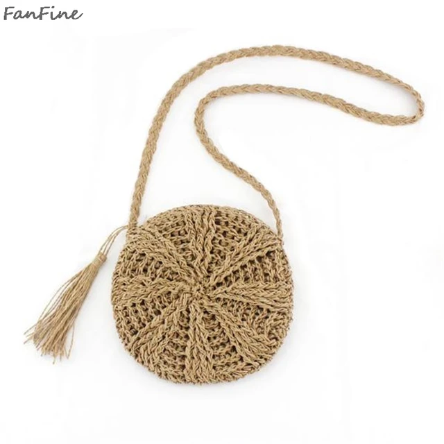 FanFine Round Straw Bag Women Tassel Crossbody Bag Summer Woven