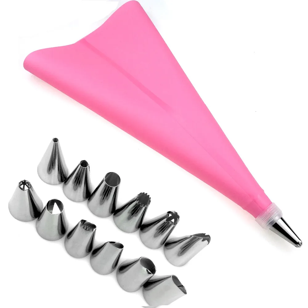

TTLIFE 14PCS/Set Silicone Icing Cream Pastry Bag + 12PCs Stainless Steel Nozzle Pastry Tip Converter Cake Decorating Tools