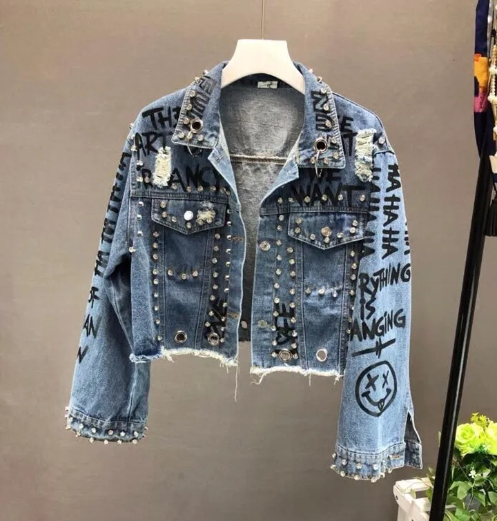 awesome Diamonds rivet Graffiti print cropped denim jacket 2019 Punk short jackets holes jeans jacket women
