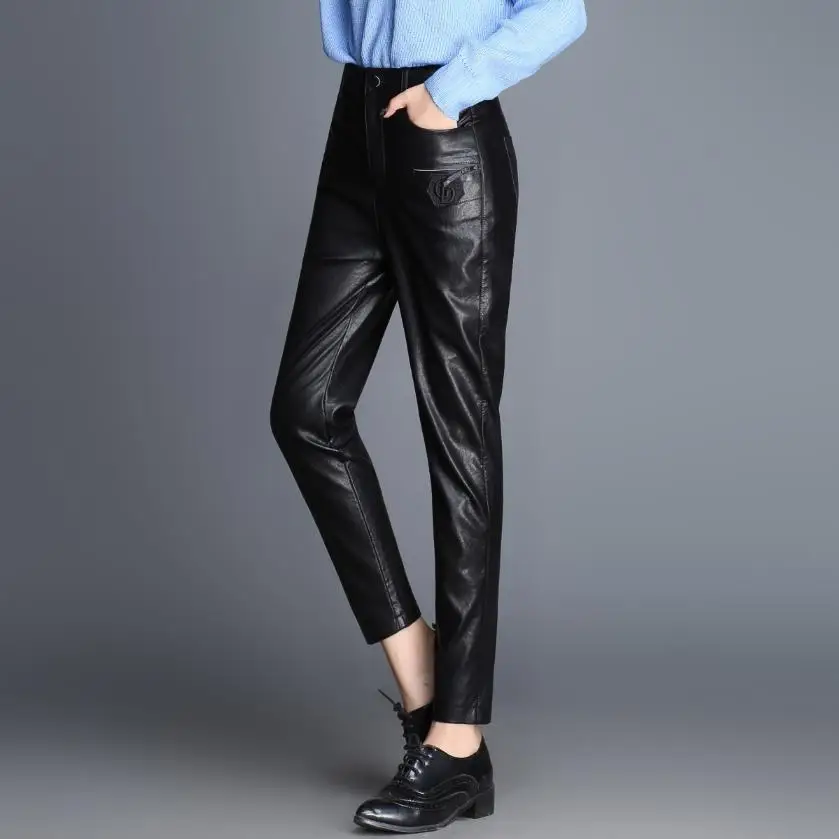 Женские кожаные брюки, брюки в стиле панк, облегающие брюки-карандаш, женские модные брюки отличного качества длиной до щиколотки, wq1367, Прямая поставка - Цвет: black 1682