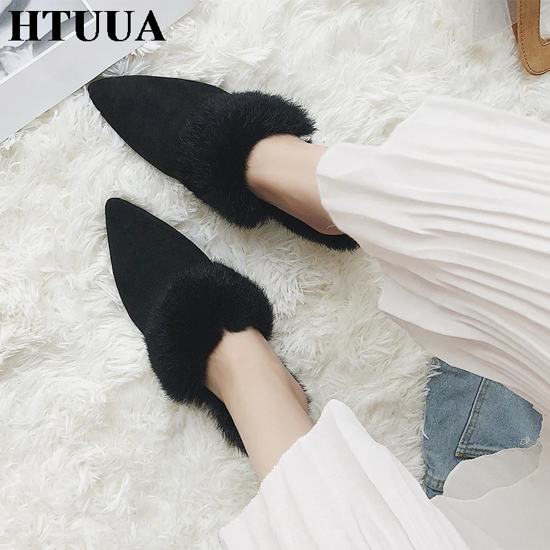 

HTUUA Sexy Pointed Toe Mules Ladies Shoes Real Rabbit Fur Slippers Women Plush Warm Winter Slides Fluffy Furry Slippers SX1659
