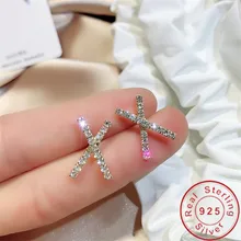 צלב Stud Earrring AAAA Cz 100% אמיתי 925 סטרלינג כסף הצהרת מסיבת חתונת עגילי לנשים כלה תכשיטים(China)
