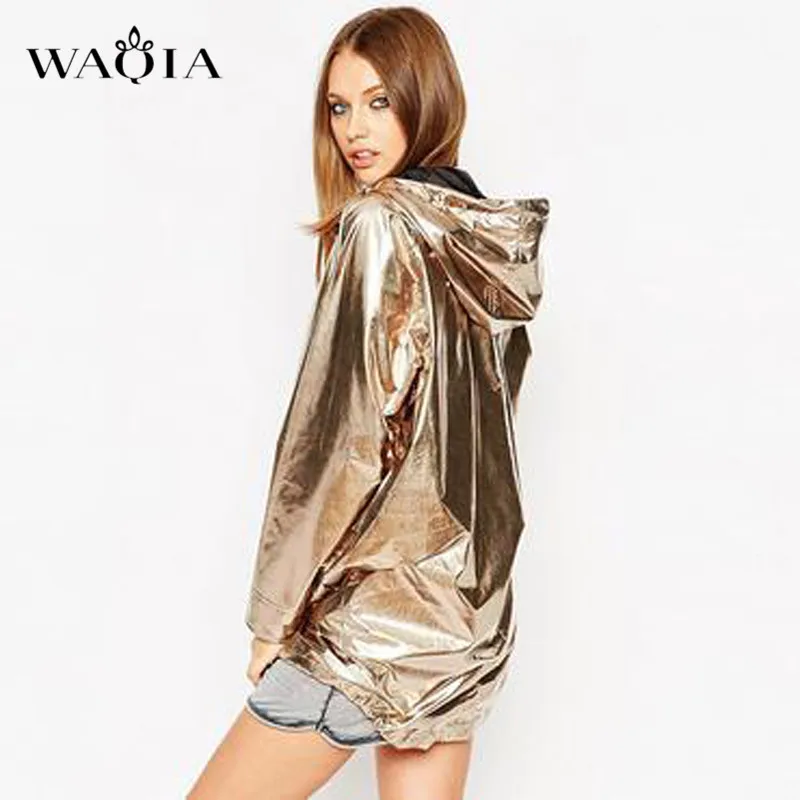 WAQIA Punk Metallic Color Hooded Basic Jacket Coat Women Lace Up Pocket Biker Jacket Outwear Autumn Casual Zipper Bomber Jacket