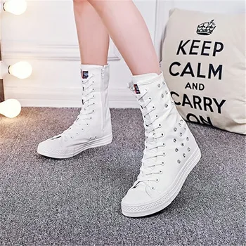 

SWYIVY Women's Shoes Canvas Mid Calf Short Boots Rivet 2018 Female Punk Shoes Flat Autumn Spring Girl COS Play High Top Sneakes