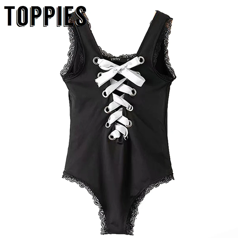 

2019 Summer Women Skinny Bandage Bodysuit Sleeveless Lace Spliced Bodysuit Jumpsuit Sexy Tights
