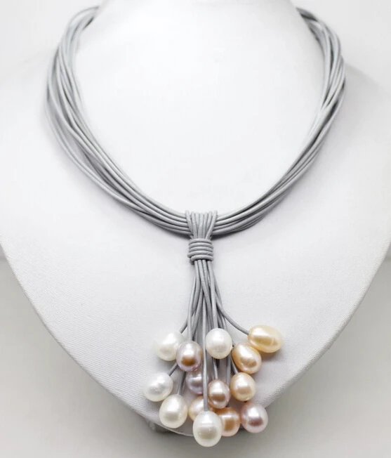 

DYY 917 +++Real White Pink Purple Freshwater Pearl Pendant Necklace Leather Cord Magnet Clasp Fashion Jewelry -Bridal jewelry fr