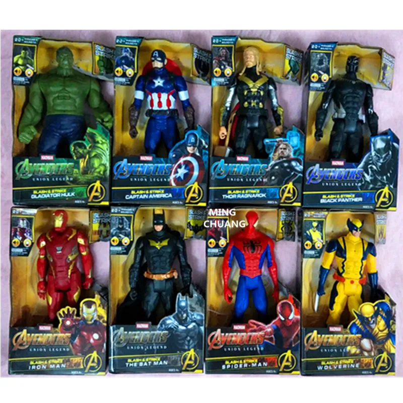 

12"Avengers infinity War Superhero Iron Man Thor Batman Black Panther With LED Light And Sound PVC Action Figures Toy Box T4