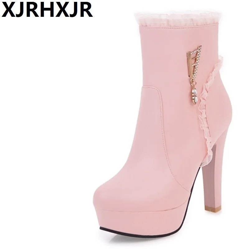 XJRHXJR Sweet Lace High Heels Women's Shoes Winter Platform Mid Calf Martin Boots Female Round Toe Party Shoes Woman Boots 34-43