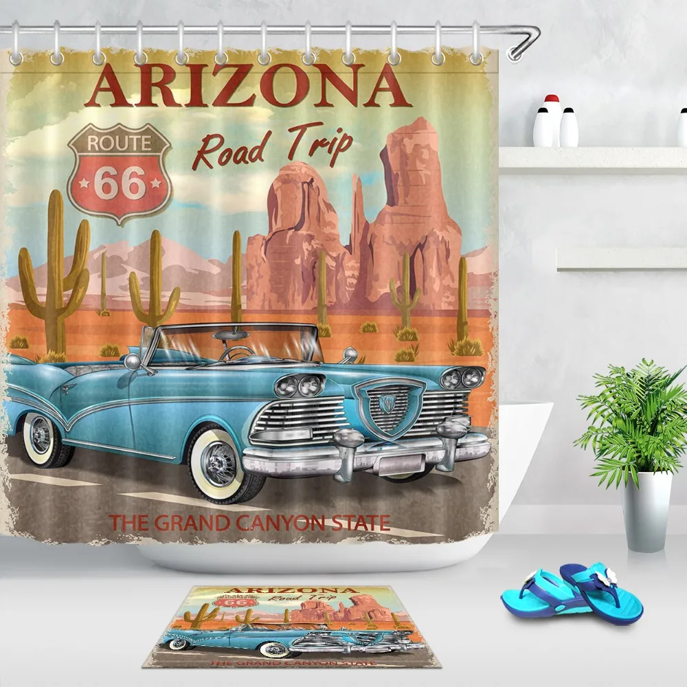 

LB Retro Vintage Route 66 Trip Extra Long Shower Curtains Bathroom Curtain Scenic Set Waterproof Fabric For Man Bathtub Decor