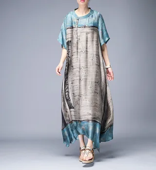 

2019 New Vintage Womenankle-length Dress Plus Size Short Sleeves O Neck Silk Linen Loos Dresses