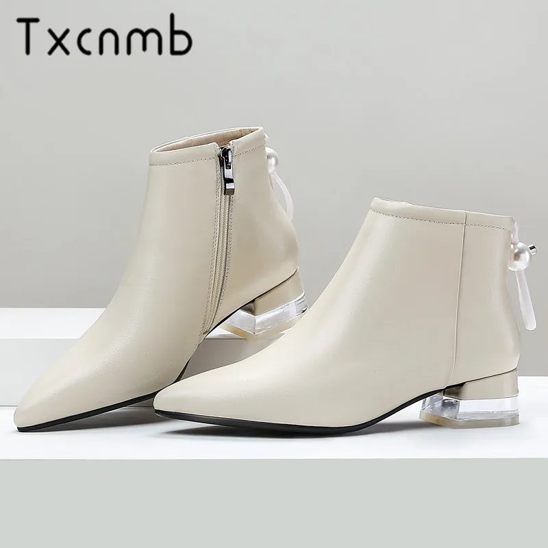 

TXCNMB 2019 Boots Women Ankle Boots for Women Winter Genuine Leather Square Heel Shoes Woman Black Beige Zipper Size 41 42 43