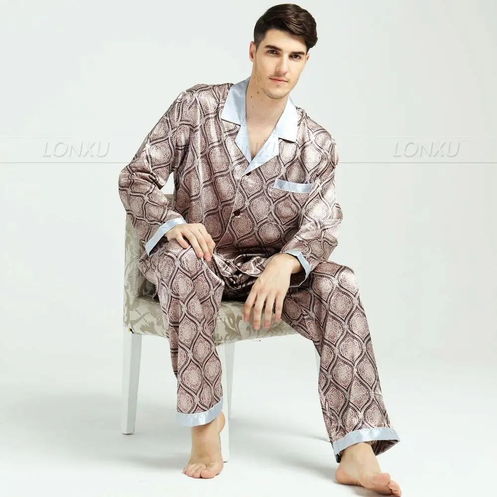 Мужская шелковая атласная пижама, пижамный комплект, домашняя одежда M, L, XL, XXL, 3XL - Цвет: Borwn  Dearm
