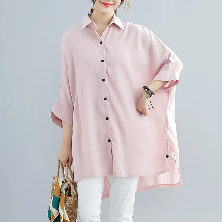 

Women 3/4 Sleeves Chiffon Blouses Plus Large Size Pink Top Shirt Fashion Woman Blouse 2019 Summer Cardigan Big Long Clothing
