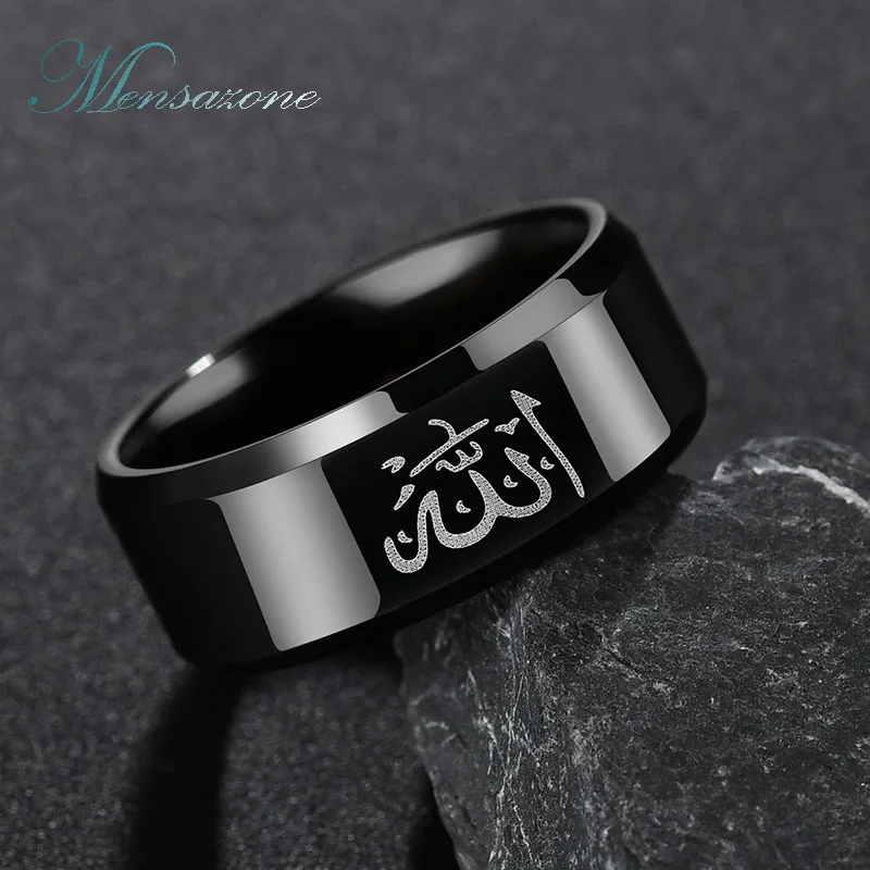 

MENSAZONE Religion Stainless Steel Muslim Allah Ring For Men Islam Arabic God Messager Black Women Ring Drop Shipping