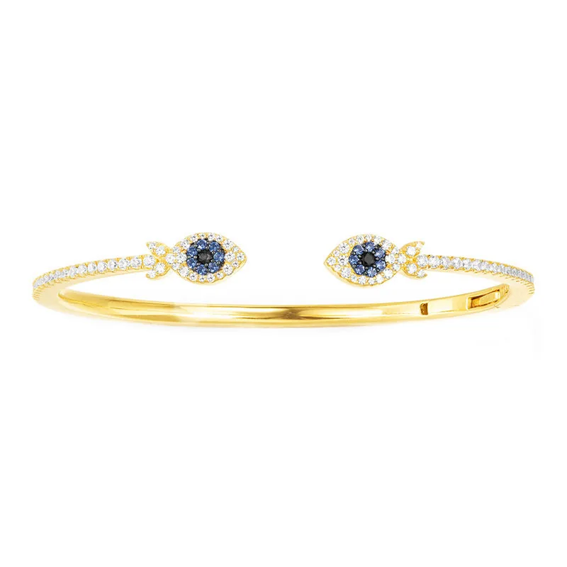 

SLJELY June Yellow 925 Sterling Silver Eye Lucky Double Fish Open Cuff Bangle Micro Cubic Zirconia Bracelet Women Monaco Jewelry