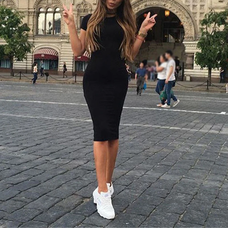 

Fashion Basic Dress Women Short Sleeve Crew Collar Solid Color Bodycon Casual Party Cocktail Knee-length Dress