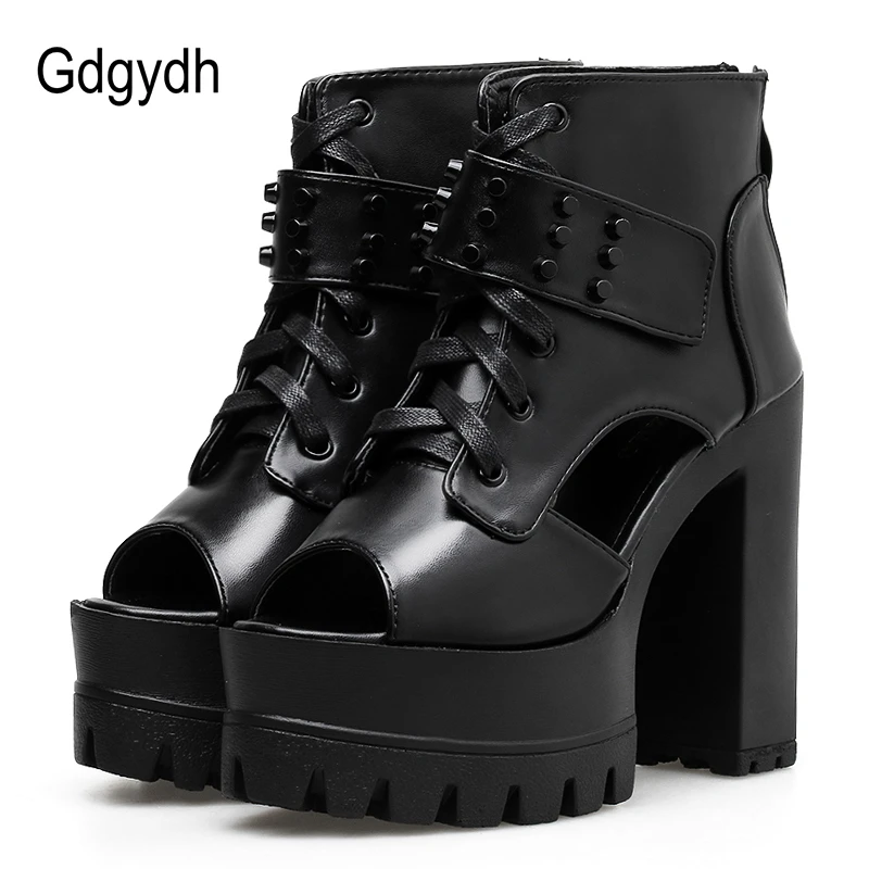 Gdgydh moda remache botines 2021 Primavera Verano de Peep Toe zapatos de verano Mujer Punk de cuero negro gran oferta|Botas hasta el tobillo| - AliExpress