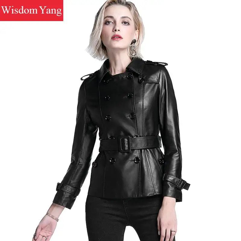 

Black Real Sheepskin Genuine Leather Jackets Coat Womens Long Sleeve Ladies Belt Button Overcoat Bomber Jacket Coats Outerwear