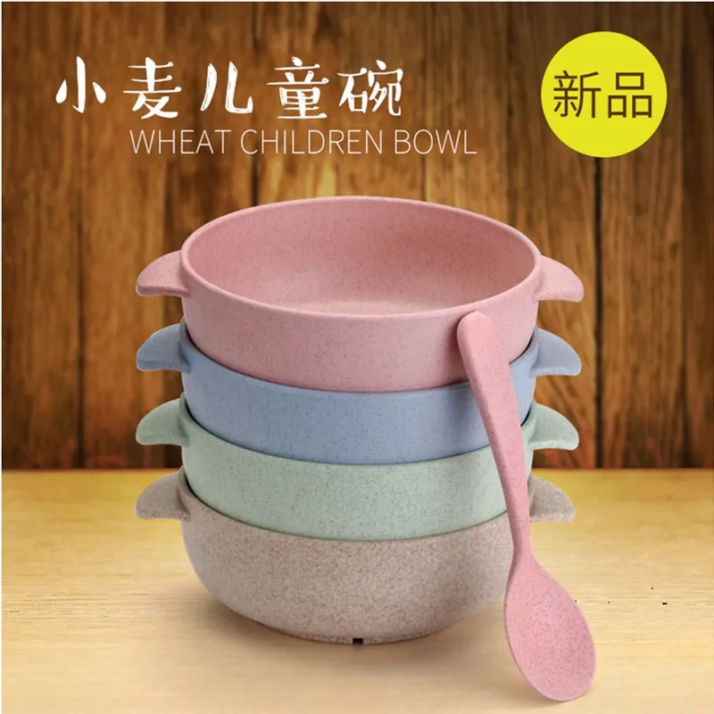 

High quality Wheat straw 4 color/set Bowls Spoon Children Round bowl Home Kitchen Tableware Sales