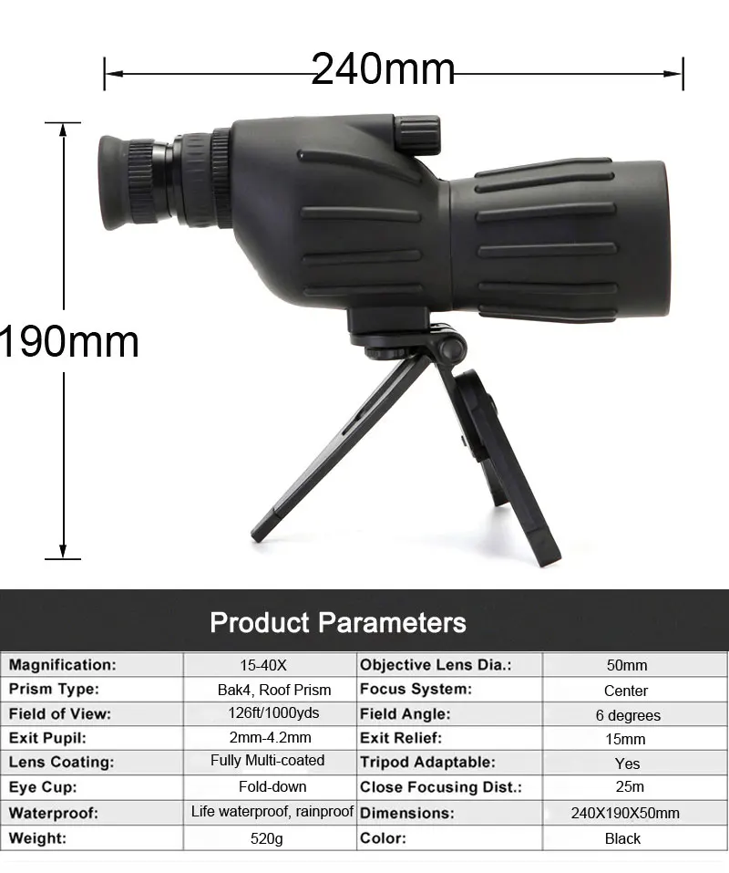 Boshiren телескоп Бинокль 15-40x50 Zoom HD монокуляр наблюдение за птицами с портативным штативом Зрительная труба с FMC синим покрытием