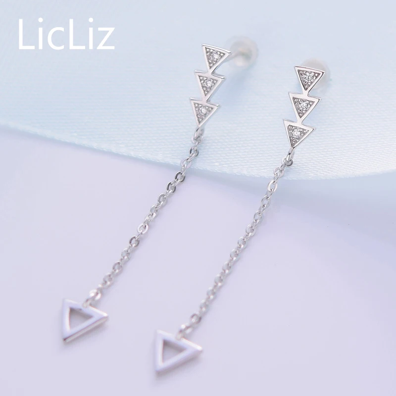 Женские серьги подвески LicLiz 925 пробы с серебряными треугольниками и длинной