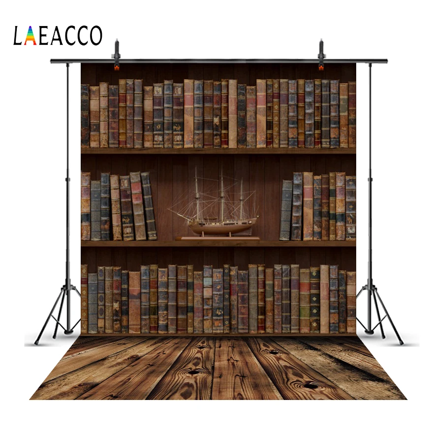 

Laeacco Old Wooden Bookshelf Books Board Ship Model Study Portrait Photographic Backgrounds Photography Backdrops Photo Studio