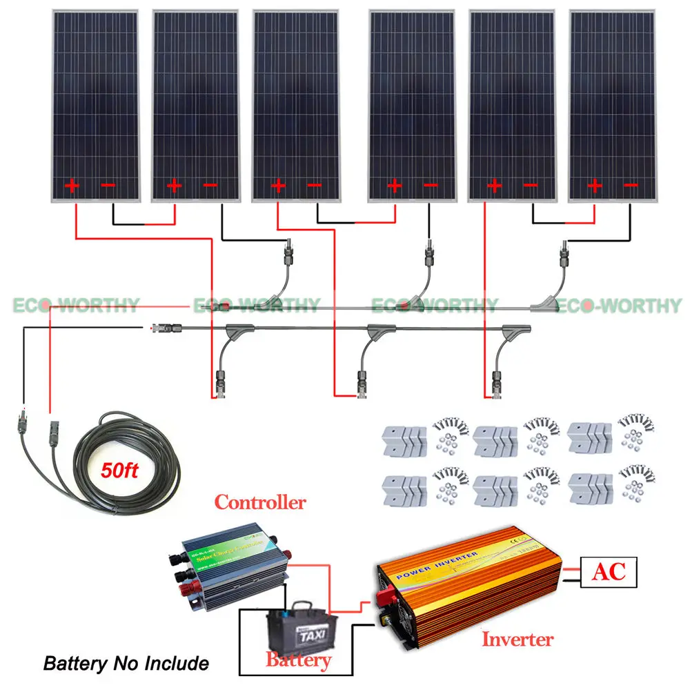 

900W 24V off Grid Solar System Kit 6x160W Solar panel w/ 1500W Inverter for Home