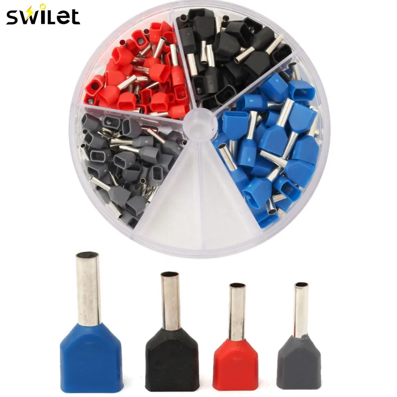

200Pcs Wire Ferrules End Sleeve Double Cord End Terminal Copper Insulated Crimp Splice Terminal Connector Kit Round Box