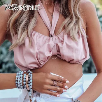 

TWOTWINSTYLE Lace Up Tube Top For Women Summer Sexy Bow V Neck Ruched Large Size Strapless Tops 2020 Fashion Holiday Clothing