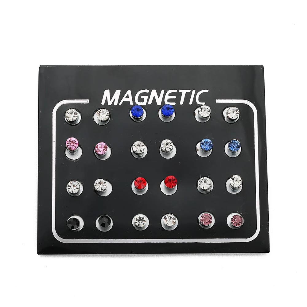 AHKNORMAILCUI 12 Pair/lot 3/4/5/6mm Round Crystal Rhinestone Magnet Stud Earring Puck Womens Magnetic Fake Ear Plug Body Jewelry 3
