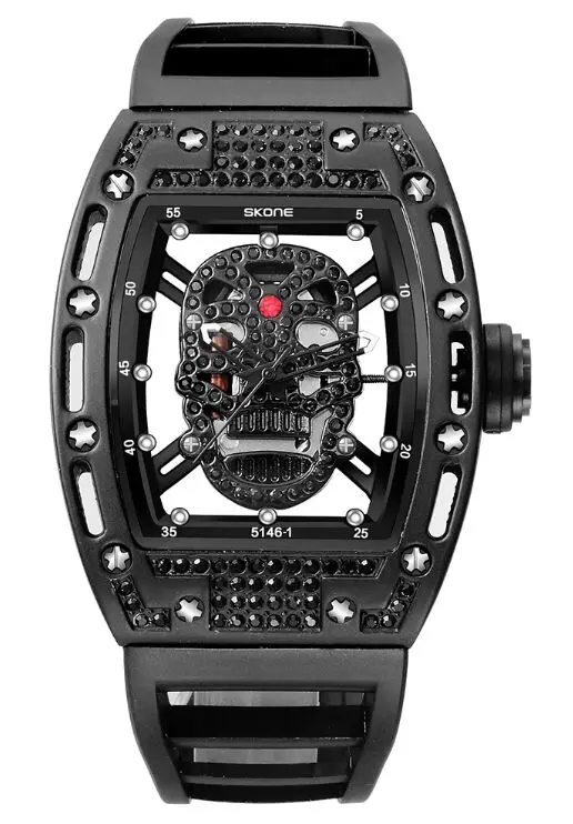 TOP SKONE Quartz wristwatches Military Silicone Strap Rectangle Dial Skull Face Men Watches Wrist Watches 3D Scrub Dial Genuine - Цвет: Черный