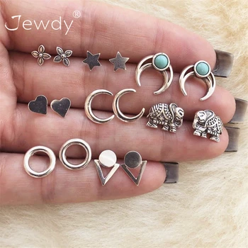 

8 Pairs/Set Boho Elephant Moon Star Earrings for Women Boucle D'oreille Jewelry Bohemian Heart Stud Earring Set Droplets Brincos