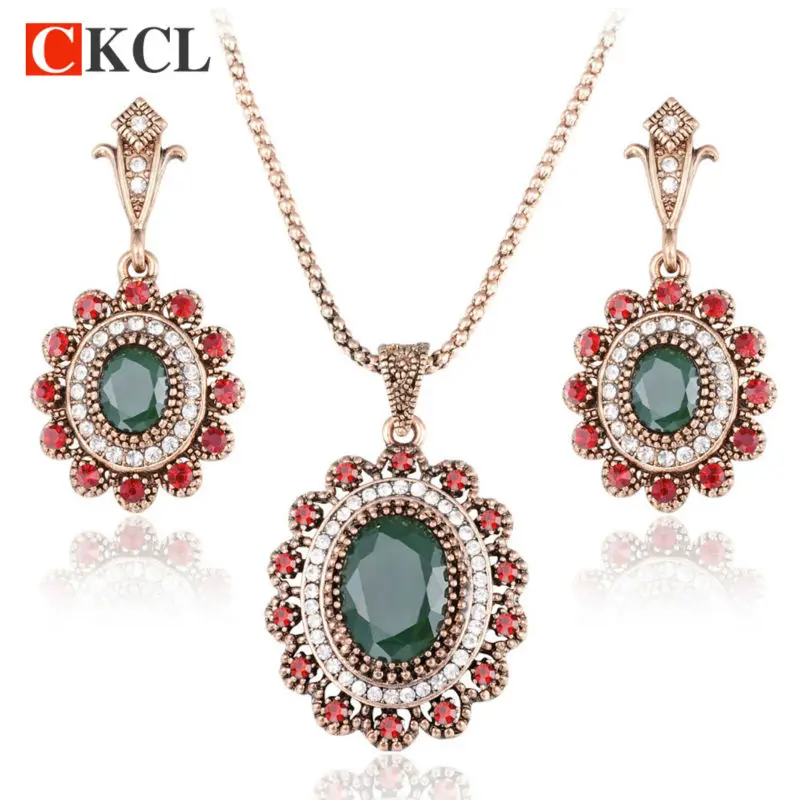 

Ethnic Jewelry Sets Big Earrings Necklace Set Turkish Antique Gold Color Bijoux Arab Bride Resin Imitation Flower Jewelry