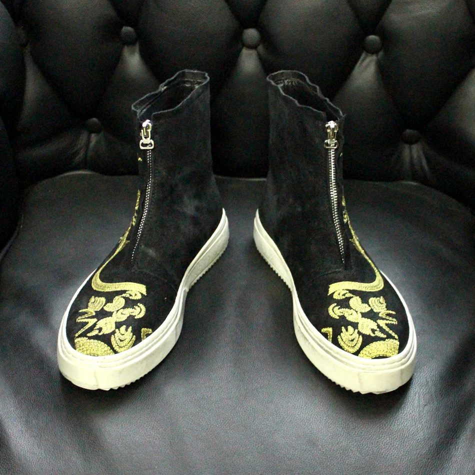 

Leisure Style Dragon Print Embroidered Suede Leather Short Boots Black Round Toe Short Ankle Booties Vintage Totem Boots