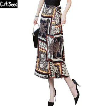 

Cultiseed Women Skirts 2020 New Summer Print Long Skirt with Belt Female Office Work High Split Party Skirt Clothing