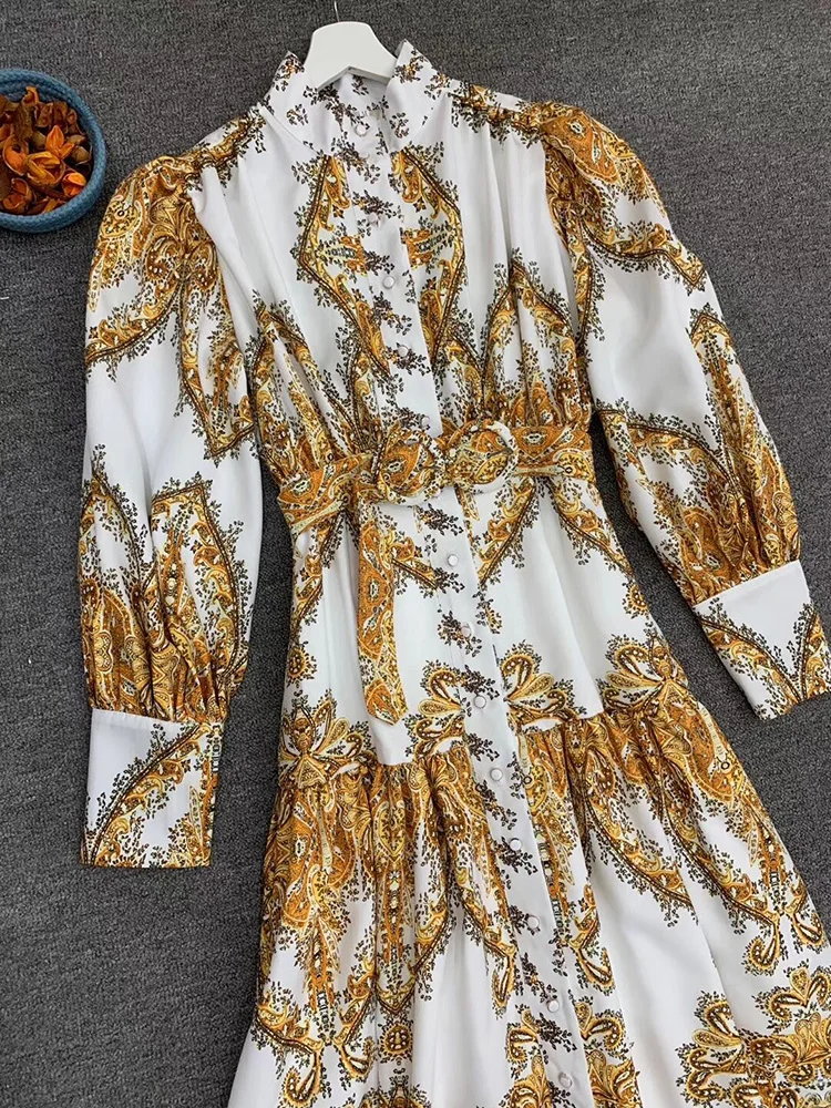 Женское однобортное платье макси Svoryxiu, белое длинное платье с рукавами-фонариками и золотым принтом на лето