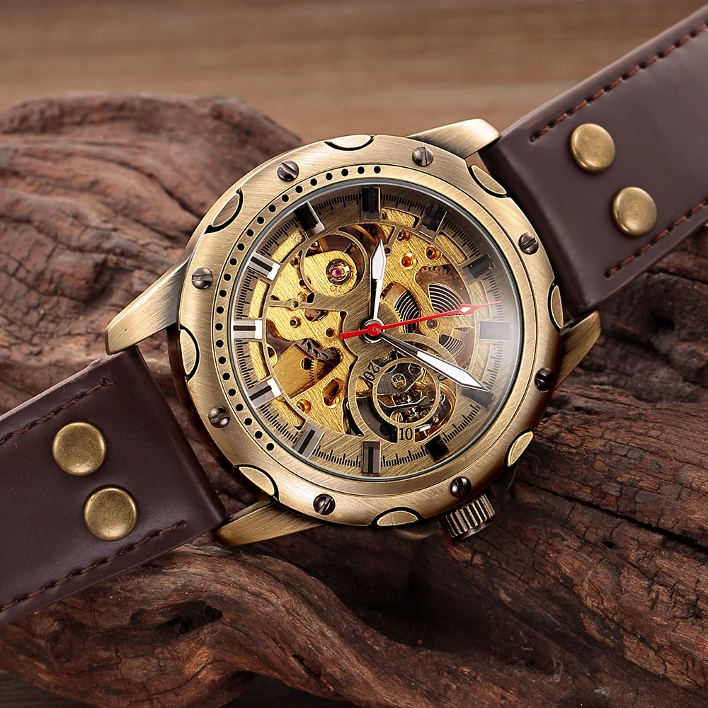 Mechanical Watch Retro Bronze Skeleton Mechanical Watch Men Automatic Watches Sport Luxury Leather Watch