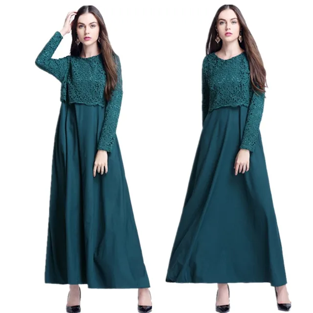 A106 Fashion Imitated 2 pcs Islamic Lady Long dress Korea Linen Lace