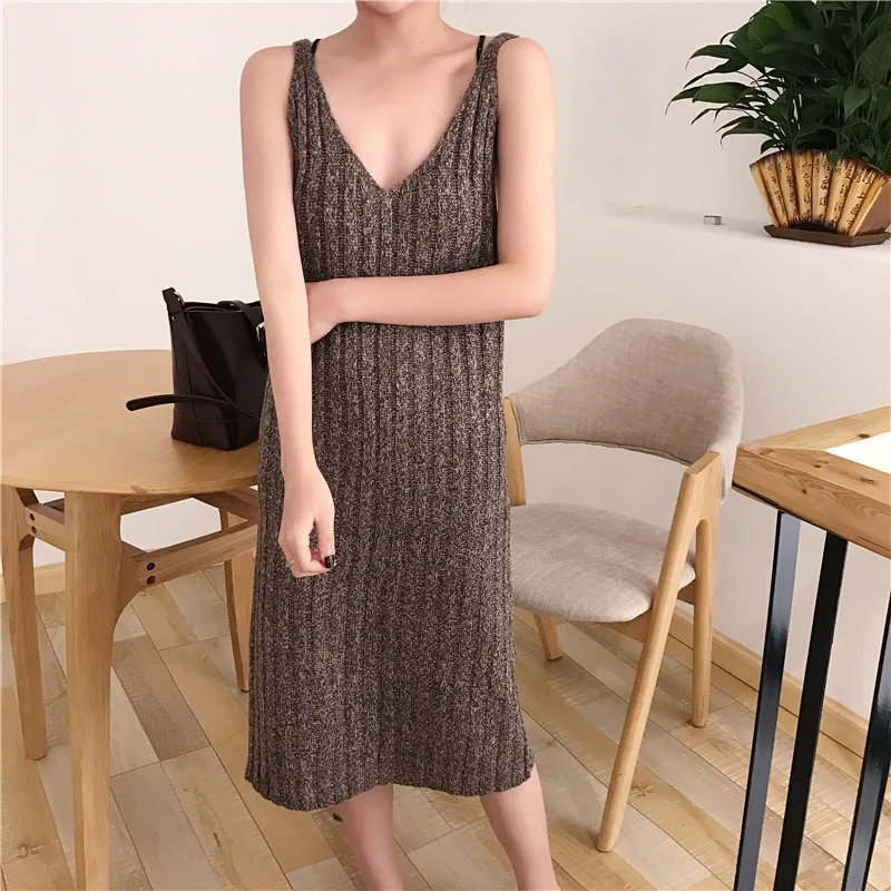 2017 Sring Autumn backless knitted Stright font b dress b font Women Solid Vertical striped sexy