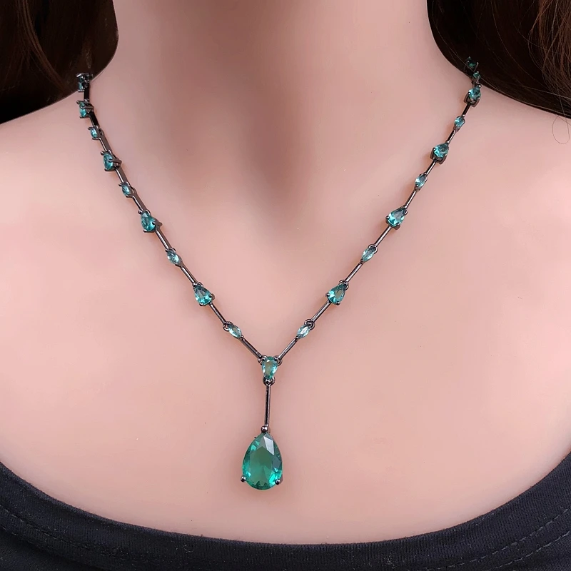 Water drop Pendant Necklace Cubic Zirconia Women Green Clear Crystal