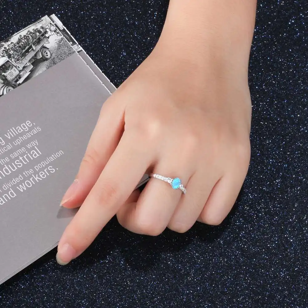 Soild 925 Sterling Silver Ring Oval Blue Opal Stone Elegant Wedding Jewelry Gifts For Women (JewelOra RI103627 )