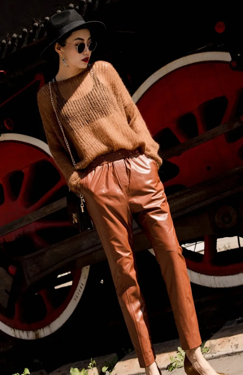 Large Size Sheepskin Women Genuine Leather Pants New Ankle-Length Pencil Pants Elastic Waist Luxury Real Leather Trousers Lady