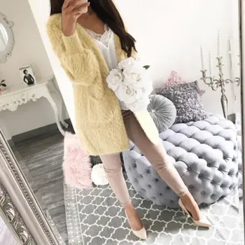 

New Hot Women Furry Mohair Ladies Long Sleeve Loose Sweater Knitted Cardigan Outwear Coat