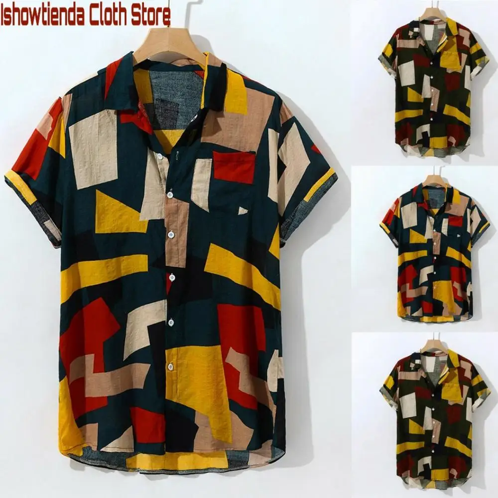 

ISHOWTIENDA 2019 New Arrival Summer Fashion Men's Print Hawaiian Loose Short Sleeve Casual Buttons Blouse Camicia da uomo nuova