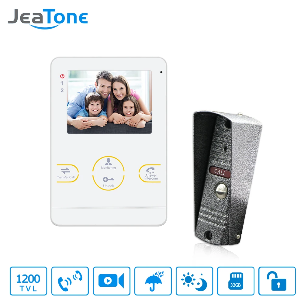 JeaTone HD Camera Doorbell Video Doorphone Intercom System 4 Inch 1200TVL White Color Video Intercom