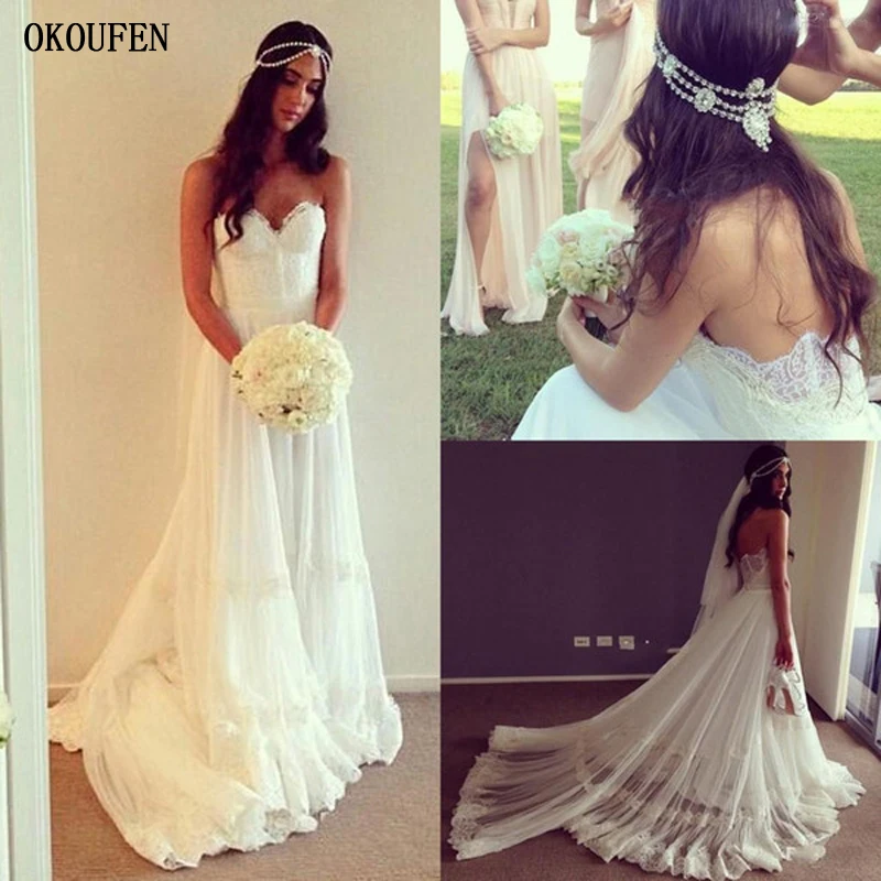 Vintage Dresses Beach Wedding Dress Cheap Dropped Waist Lace Appliques Bohemian Strapless Backless Boho Bridal Gowns With Chapel Train 副本